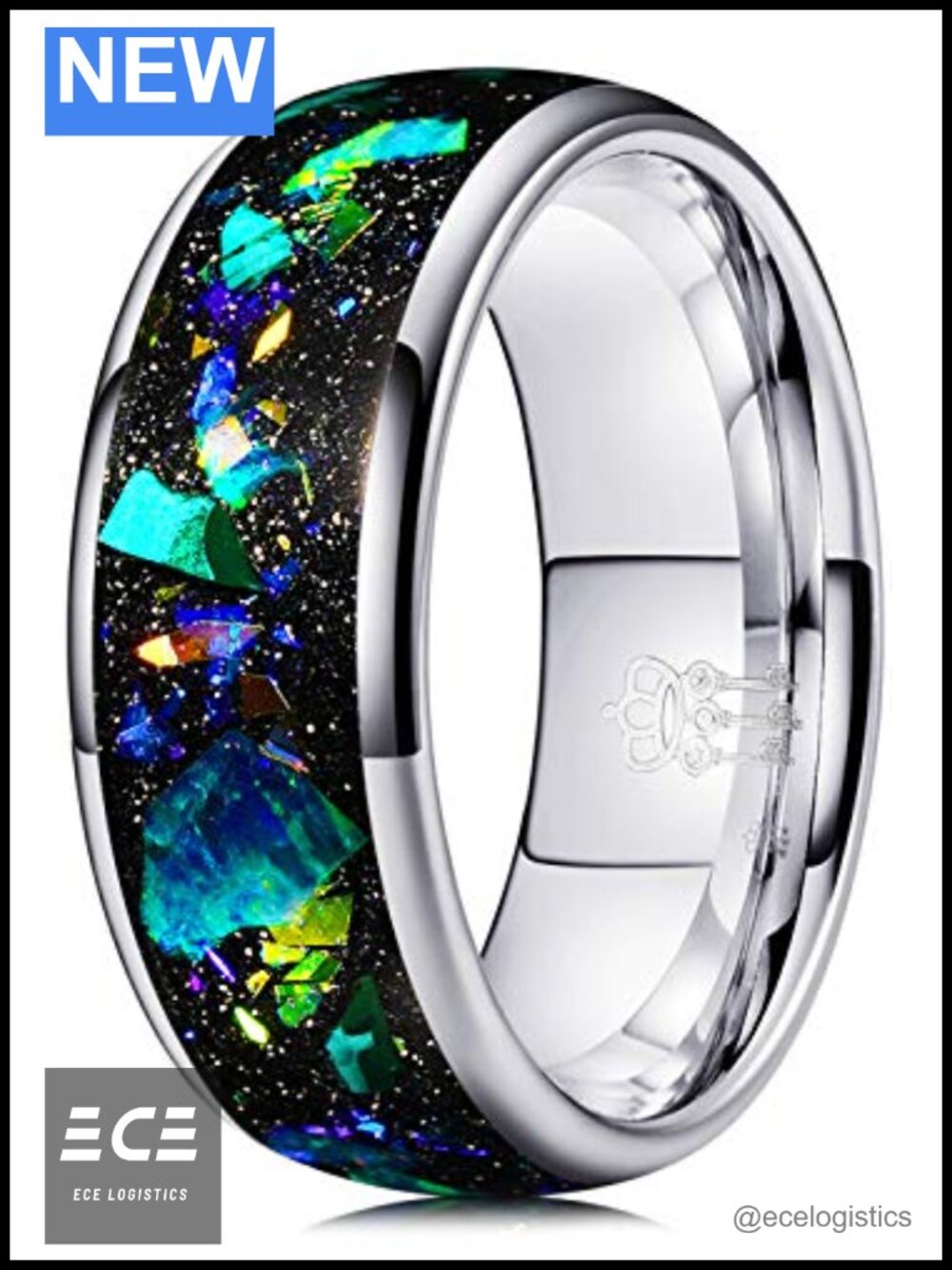 Tungsten Carbide Wedding Band Opal Inlay Comfort Fit 8mm Ring